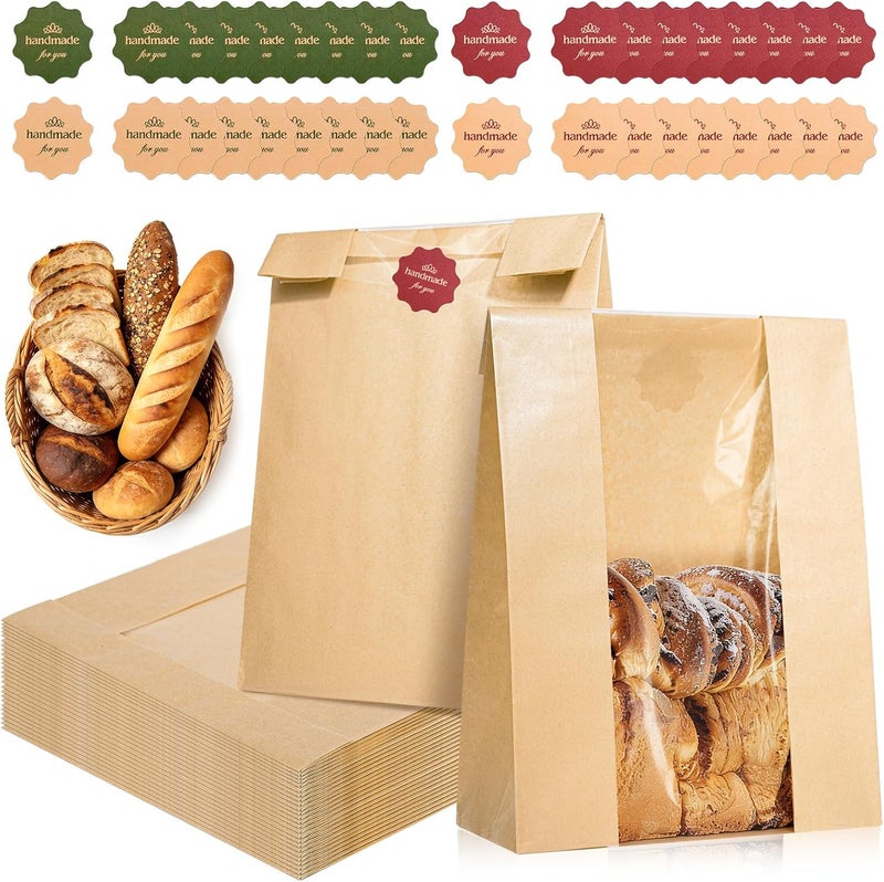 IMagicoo 25 Pcs Bread Bags for Homemade Bread, Paper Sourdough Bags with window, Large Bakery Loaf Bag with Stickers for Cookies, Popcorns, Hamburgers (25, 14.2"x8.3"x3.6") - Image 1